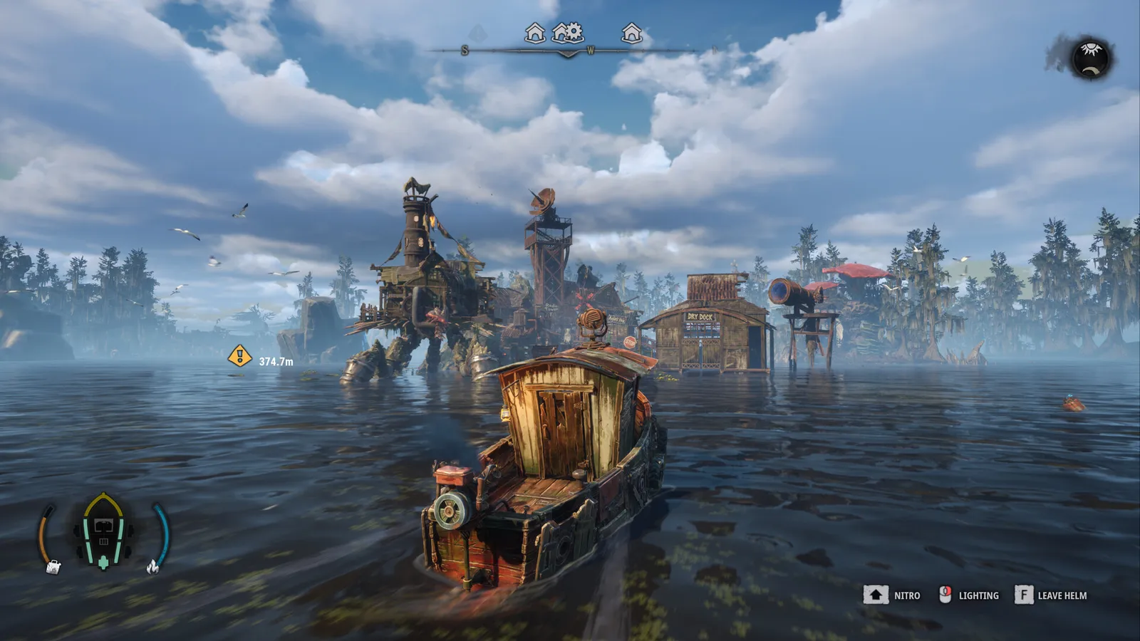 The Dreadmoor fishing trawler crossing open water in the Submerged Lands