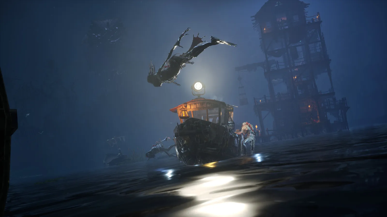 A Dreadmoor boat approaching a dark waterway structure at night