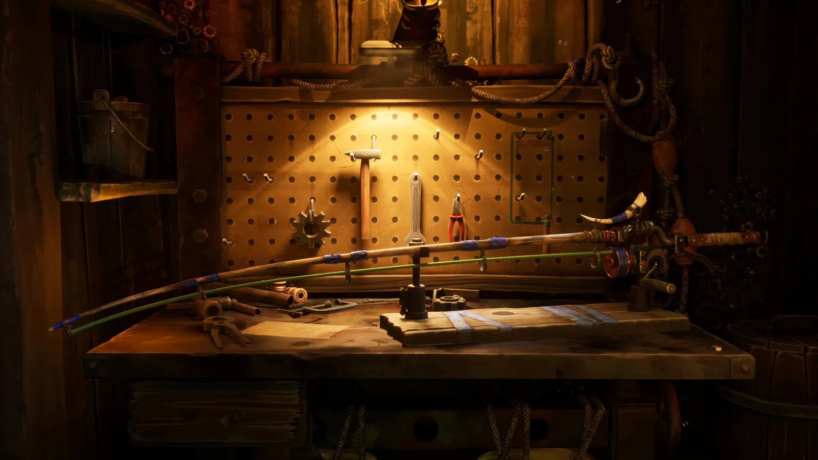 Fishing rods, reels and tackle arranged on a workbench in Dreadmoor